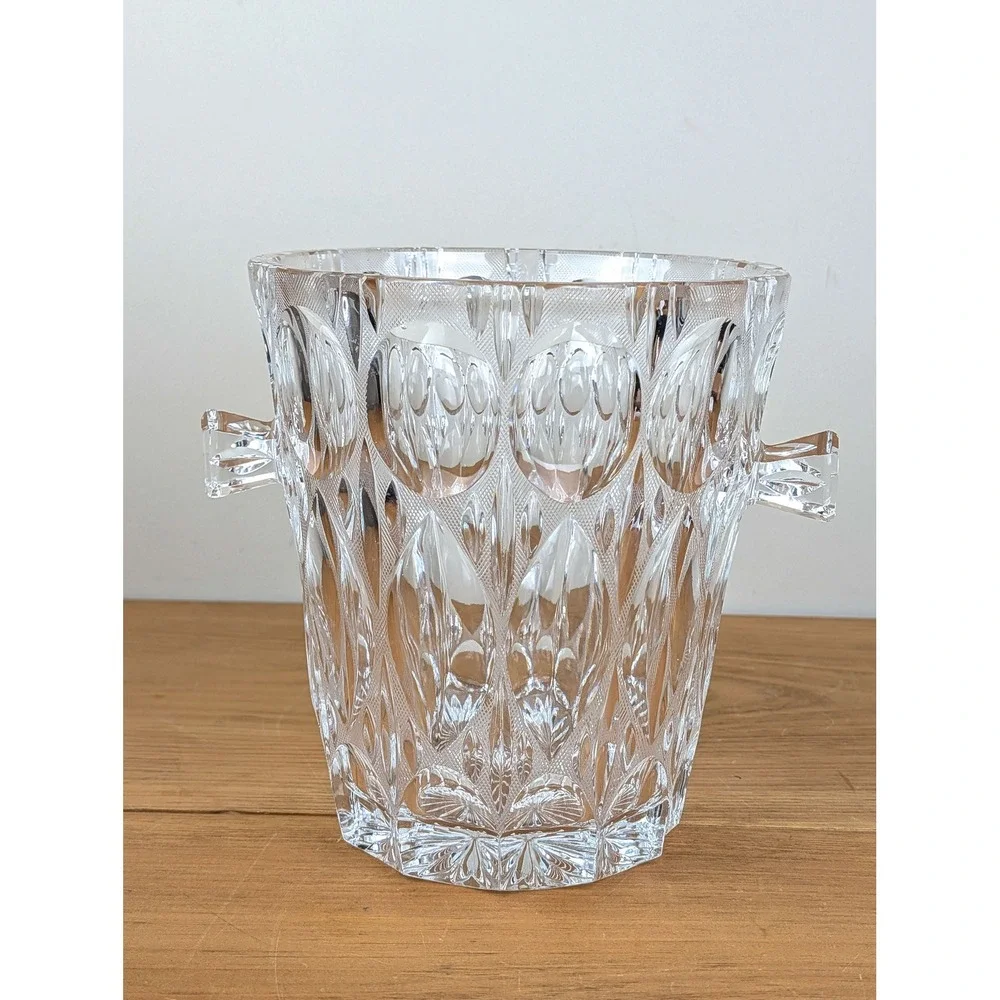 Vintage Heavy Lead Crystal Ice Bucket Diamond Thumbprint Cut Glass 9